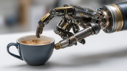 Robotic Hand Reaching for Coffee Cup on Table in Modern Setting