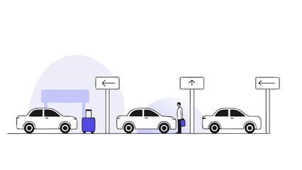 Airport Transportation, Flat Line Art Illustration of Passengers and Cars