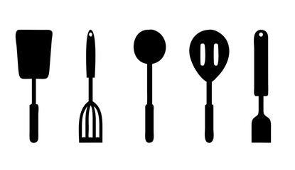 Black Kitchen Utensil Icons, Spatula, Spoon, Whisk, Set of Cooking Vector Graphics