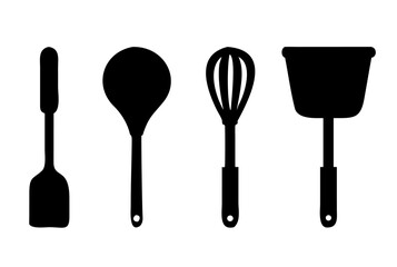 Black Silhouette Kitchen Utensil Icons, Spatula, Spoon, Whisk, Turner