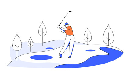 Line Art Golf Player Illustration, Flat Design, Blue & Orange