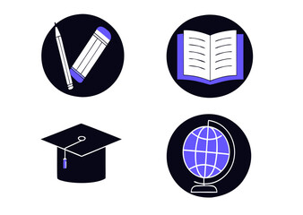 Education Icons, Flat Vector Illustrations, Graduation, Book, Globe, Pen & Pencil