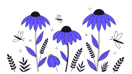 Simple Purple Wildflowers and Dragonflies Vector Illustration