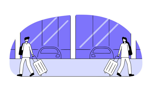 Flat Line Art Illustration, Couple Traveling with Luggage, Airport Departure