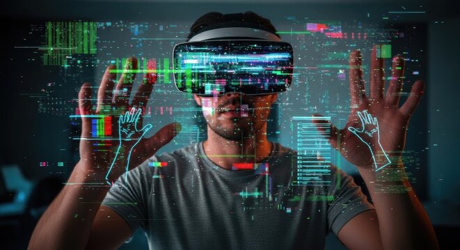 Man in VR Headset Navigating a Glitchy, Holographic Data Interface.