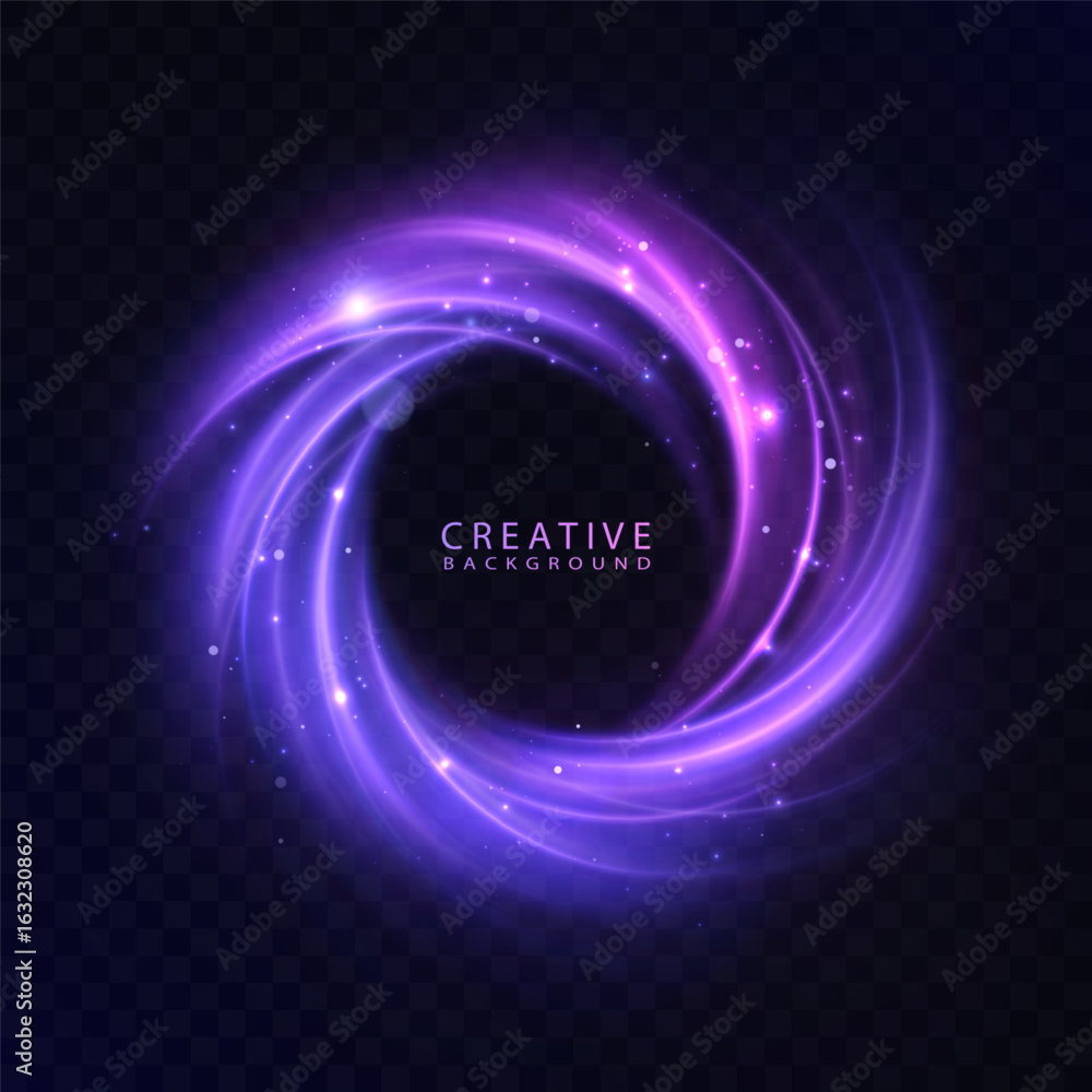 Poster glowing circular vortex of purple light trails with sparks on transparent background. vector light b