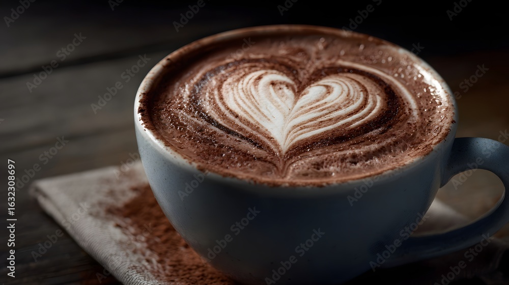 Poster cocoa latte art heart on frothy milk in a cafe setting