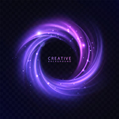 Glowing circular vortex of purple light trails with sparks on transparent background. Vector light background for portal design, energy effects creation.