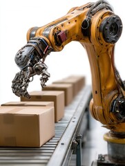 Robotic Arm Handling Cardboard Boxes on Conveyor Belt in Warehouse