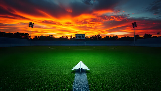 A paper airplane rests on a vibrant green soccer field at sunset, symbolizing new beginnings and ambition.