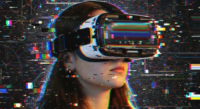Woman Immersed in Glitched Virtual Reality, Digital Distortion and Cyberpunk Aesthetic