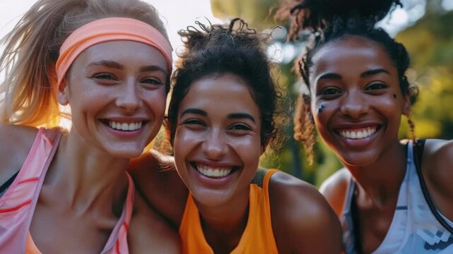 Women laughing and smiling together at a workout event.