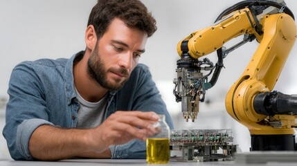 Engineer Working with Advanced Robotic Arm in Laboratory Setting