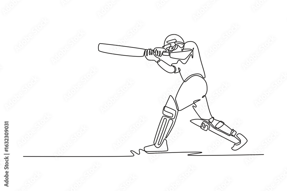 Poster single one line drawing side view of cricketer batsman hitting reverse sweep during match on pitch. 