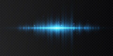 Bright horizontal glowing line with blue highlights and scattered particles on a dark background. Horizontal glowing beam with bright blue highlights and shimmering particles.