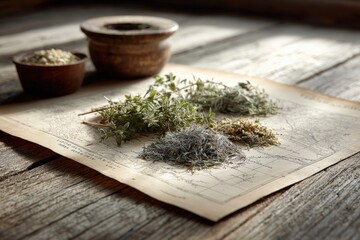Fresh herbs including thyme, oregano, and sage are arranged on an old map, with wooden bowls of dried herbs in the background, showcasing culinary ingredients and rustic charm