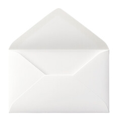 Open blank white envelope displayed with flap up on transparent background.