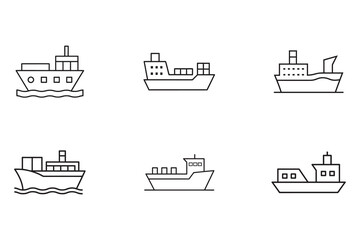 Set of minimalistic vector icons featuring various cargo ships and container vessels for logistics and maritime transportation concepts