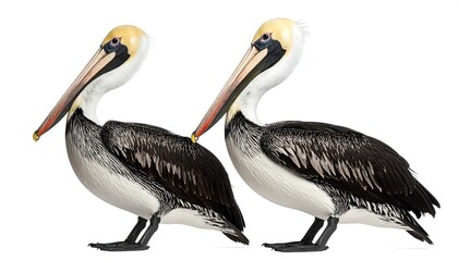 Two brown pelicans standing side by side on a white background wildlife image