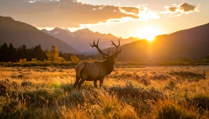 Majestic elk silhouetted by the vibrant glow of the setting sun in natural landscape