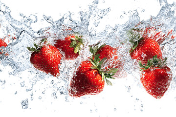 Fresh strawberries splashing in water
