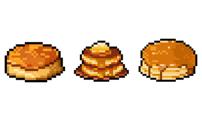 Pixel Art Pancakes and Biscuits Breakfast Set. A set of three pixel art illustrations of a classic breakfast featuring pancakes and biscuits.