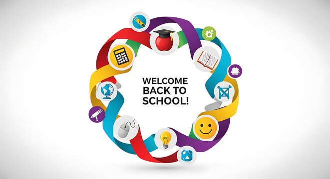 Colorful welcome back to school circle with educational icons - Powered by Adobe