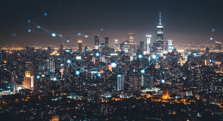 Smart City Network at Night: Futuristic Urban Landscape