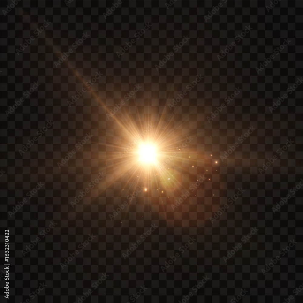 Poster bright golden glow with rays and highlights, flash of light with horizontal scattering of rays. vect