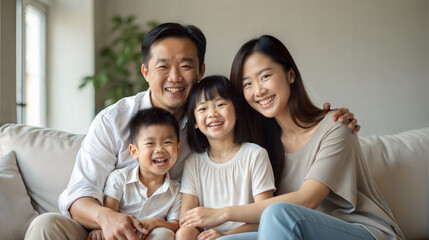 Fototapeta premium Joyful asian family smiling brightly at the camera, showcasing happiness and love.