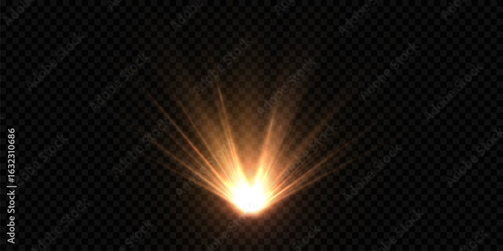 Poster bright golden glow light flash with vertical scattering of rays. vector light effect on dark backgro