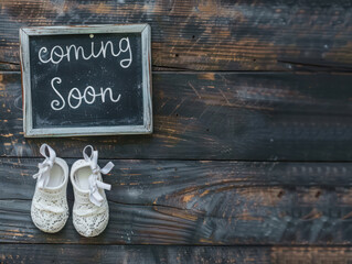 A chalkboard sign reading coming soon with baby shoes on a dark wooden textured surface background