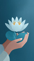 Hand holding blue lotus for spiritual wellness and gentle receiving