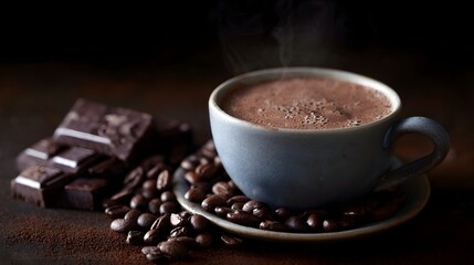 A rich aromatic coffee with dark chocolate accents  long title A steaming cup of rich dark coffee surrounded by roasted coffee beans and decadent