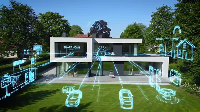 Modern House with Holographic Display Connecting Security System with Vehicles in Green Lawn Trees Residential Area
