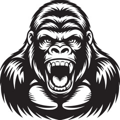 Angry Gorilla Roaring Black and White Vector Illustration Intense Primate Portrait Aggressive Ape Head Mascot Powerful Animal Graphic Design