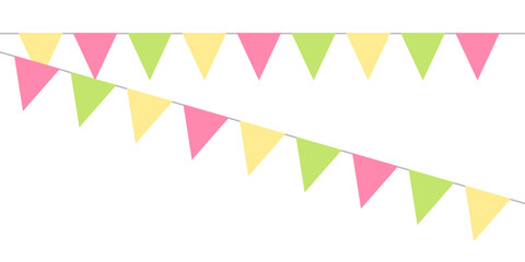 Fototapeta premium Colorful bunting flags on string for birthday party decoration, holiday anniversary fabric garlands design, modern festive hanging decor. Isolated. Vector illustration.