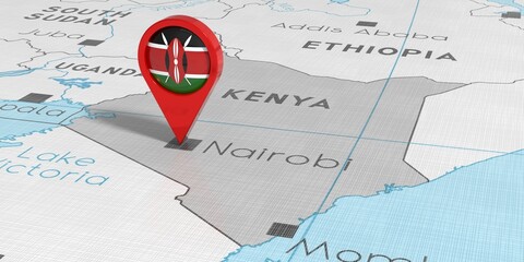 Fototapeta premium Kenya, Nairobi - location pin with national flag on political map - 3D illustration