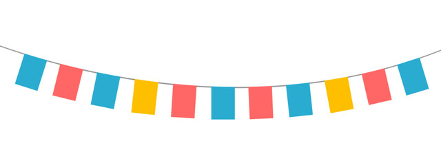 Colorful bunting flags on string for birthday party decoration, holiday anniversary fabric garlands design, modern festive hanging decor. Isolated. Vector illustration.