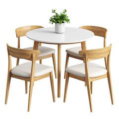 Kitchen round table with chairs 3d render set. Dining desk with white countertop and soft seats with wooden legs. Isolated restaurant