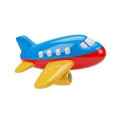 Fototapeta premium Colorful plastic toy airplane with a glossy blue red and yellow stylized design.