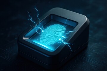 A futuristic fingerprint scanner emits electric sparks, symbolizing advanced biometric security technology integrated into digital systems for identification and authentication.