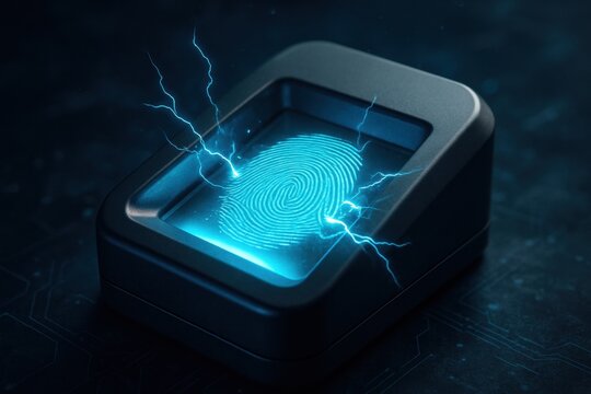 A futuristic fingerprint scanner emits electric sparks, symbolizing advanced biometric security technology integrated into digital systems for identification and authentication.
