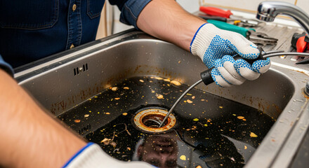 Plumber cleaning clogged drain of dirty sink drain close-up