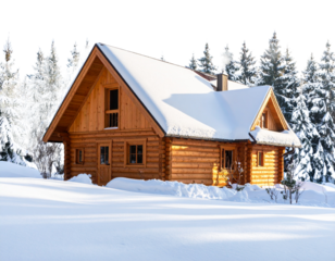Snowy Cabin Landscape at Sunrise, Cozy Winter Scene