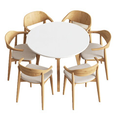 Kitchen round table with chairs 3d render set. Dining desk with white countertop and soft seats with wooden legs. Isolated restaurant