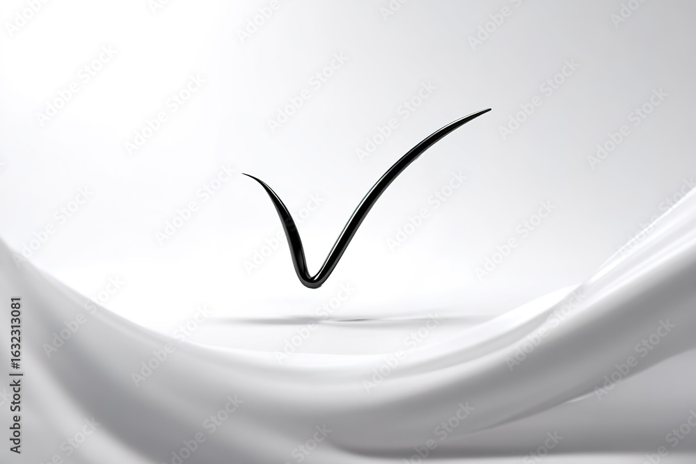 Poster minimalist black tick mark appearing above flowing white fabric creating a sense of elegance and pos