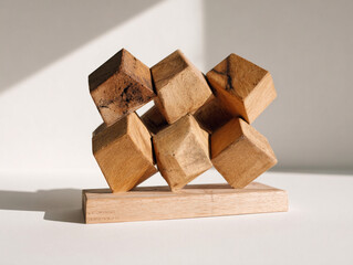 Photorealistic composition of a recycled wood jewelry stand with engraved geometric patterns