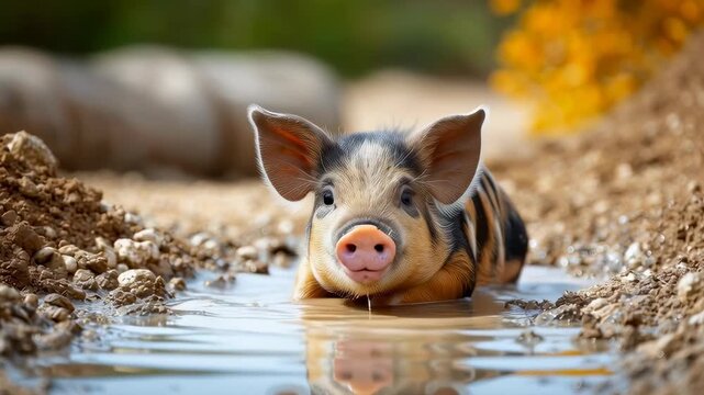 This adorable piglet, with a unique coat, enjoys a relaxing mud bath outdoors.