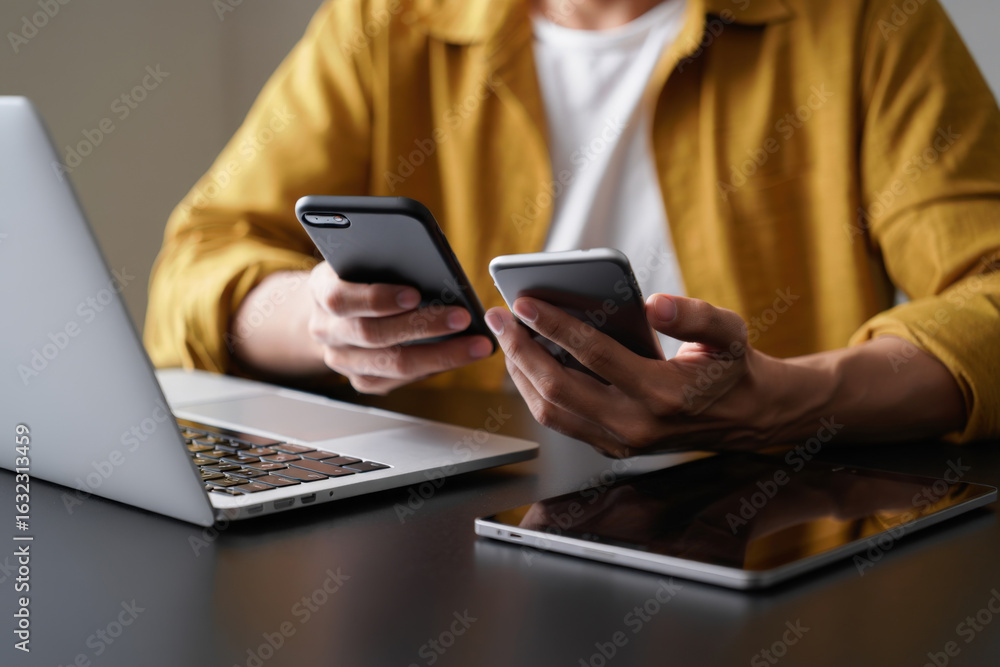 Poster staying connected in the digital age seamlessly integrating mobile devices and laptop technology for